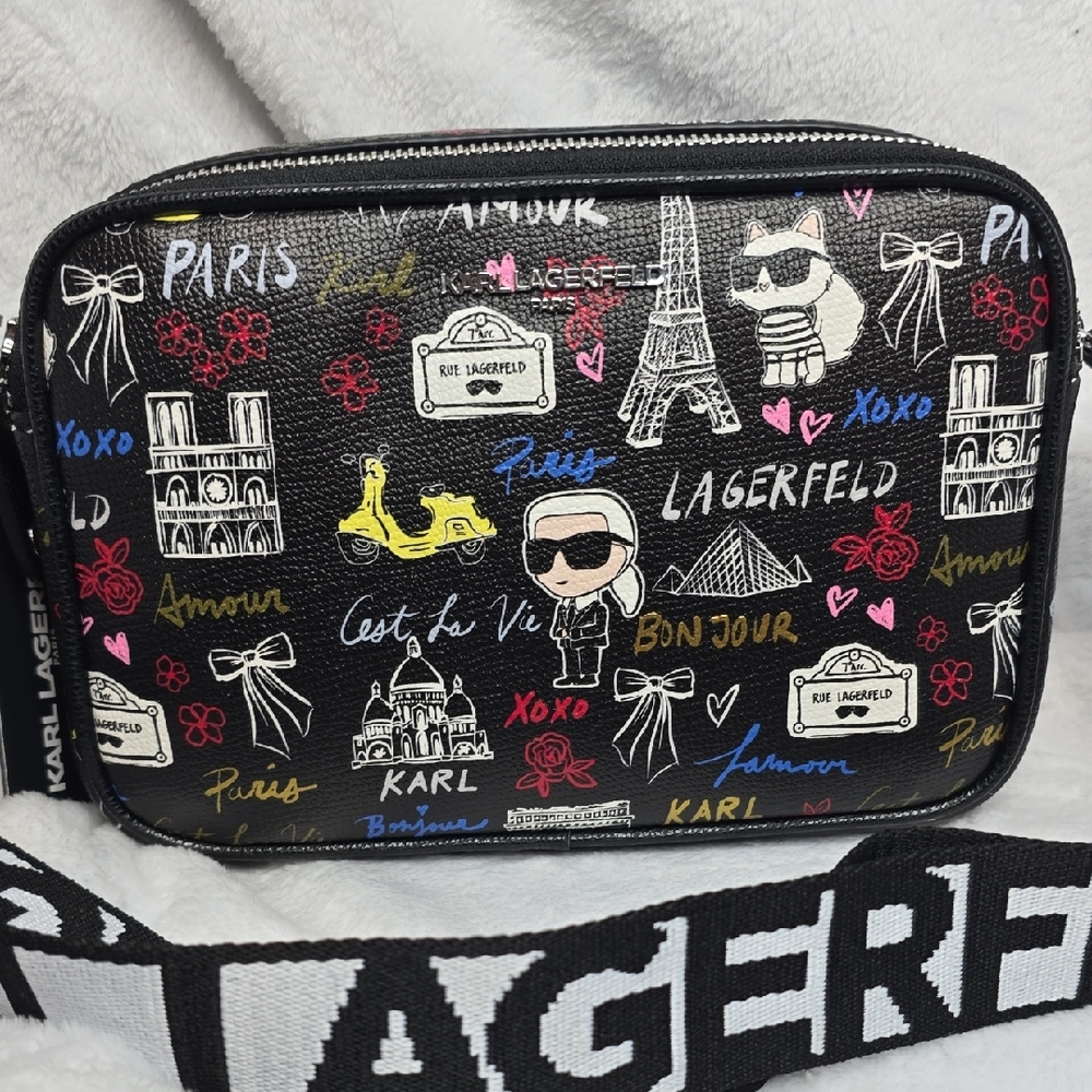 Karl Lagerfeld Black Multicolor Printed Crossbody Bag